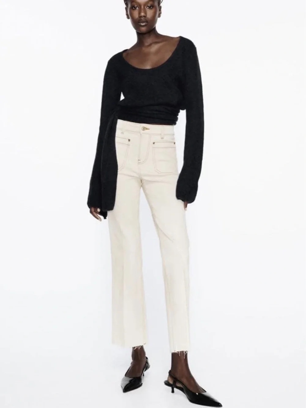 zara crop ecru high waist mini flare jeans pants backwards pockets linen beige